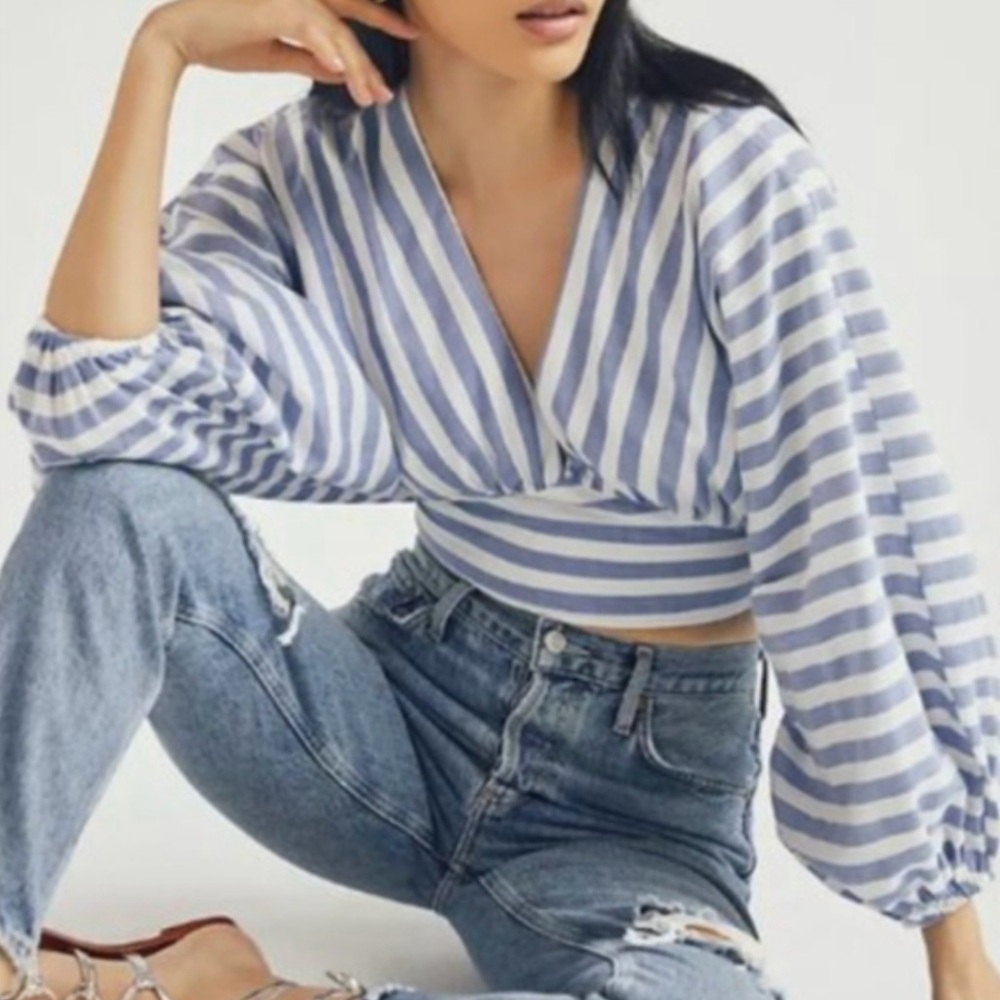 Anthropologie Dolan Blue and White Striped V-Neck Blouse